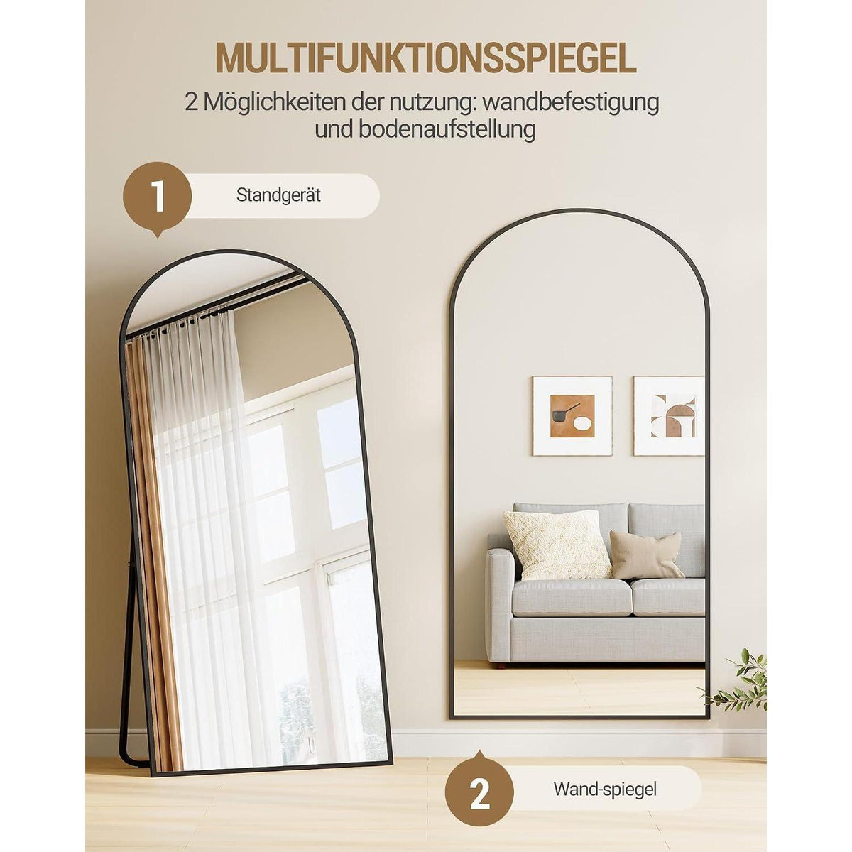 Ganzkörperspiegel Bogenförmig, 170x76cm, Schwarz – Stand- & Wandspiegel