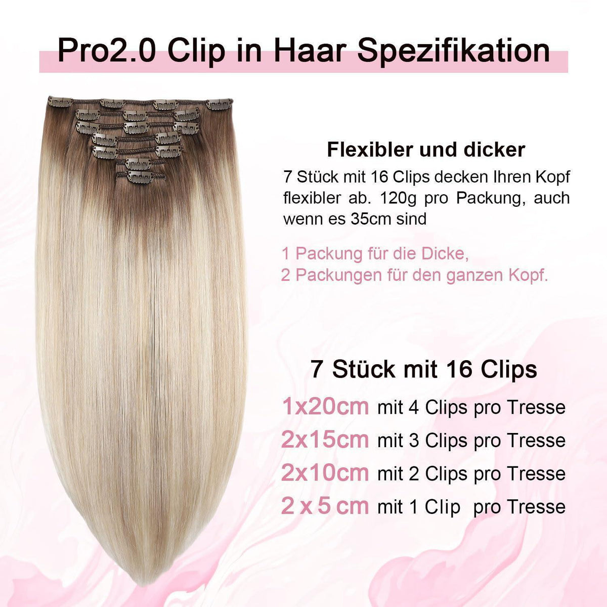 Clip-in Haarverlängerung Echthaar Ombre Braun-Blond 50cm