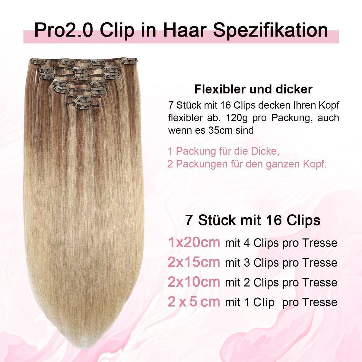 Echthaar Clip-in Extensions #10/16/16 Hellbraun mit Goldblond 45cm
