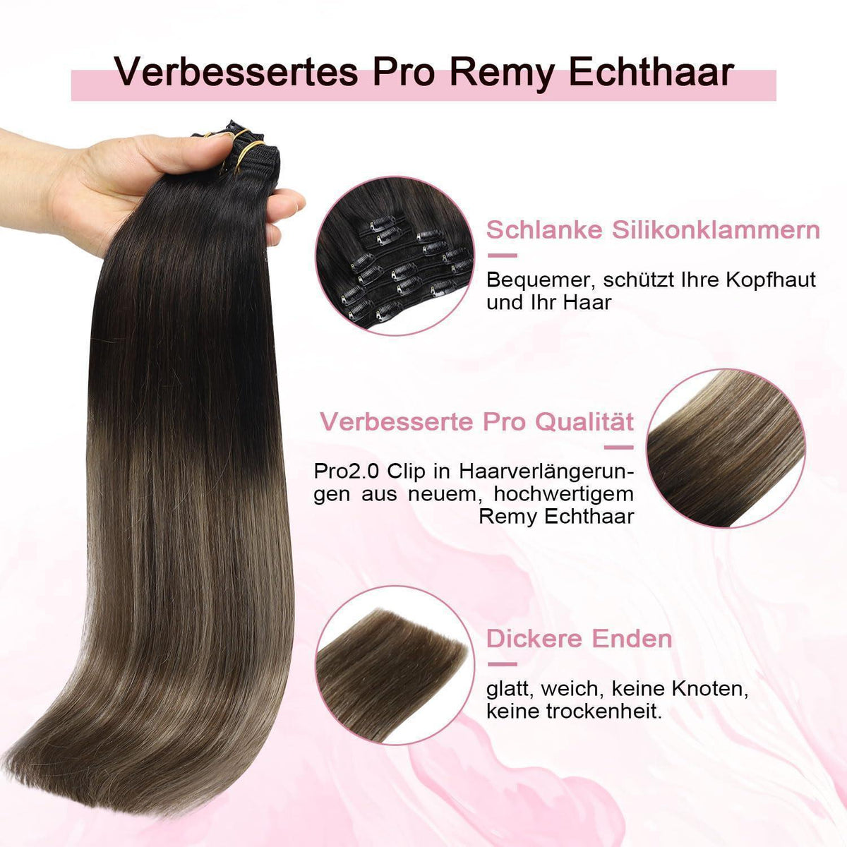 Clip-in Haarverlängerung Echthaar 55cm #1B/4/27 Balayage