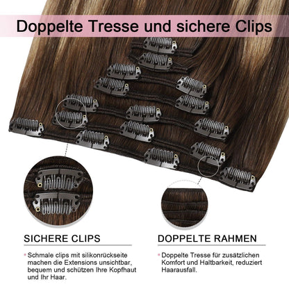 Clip-in Haarverlängerung Echthaar Balayage Schoko-Karamell (35cm)