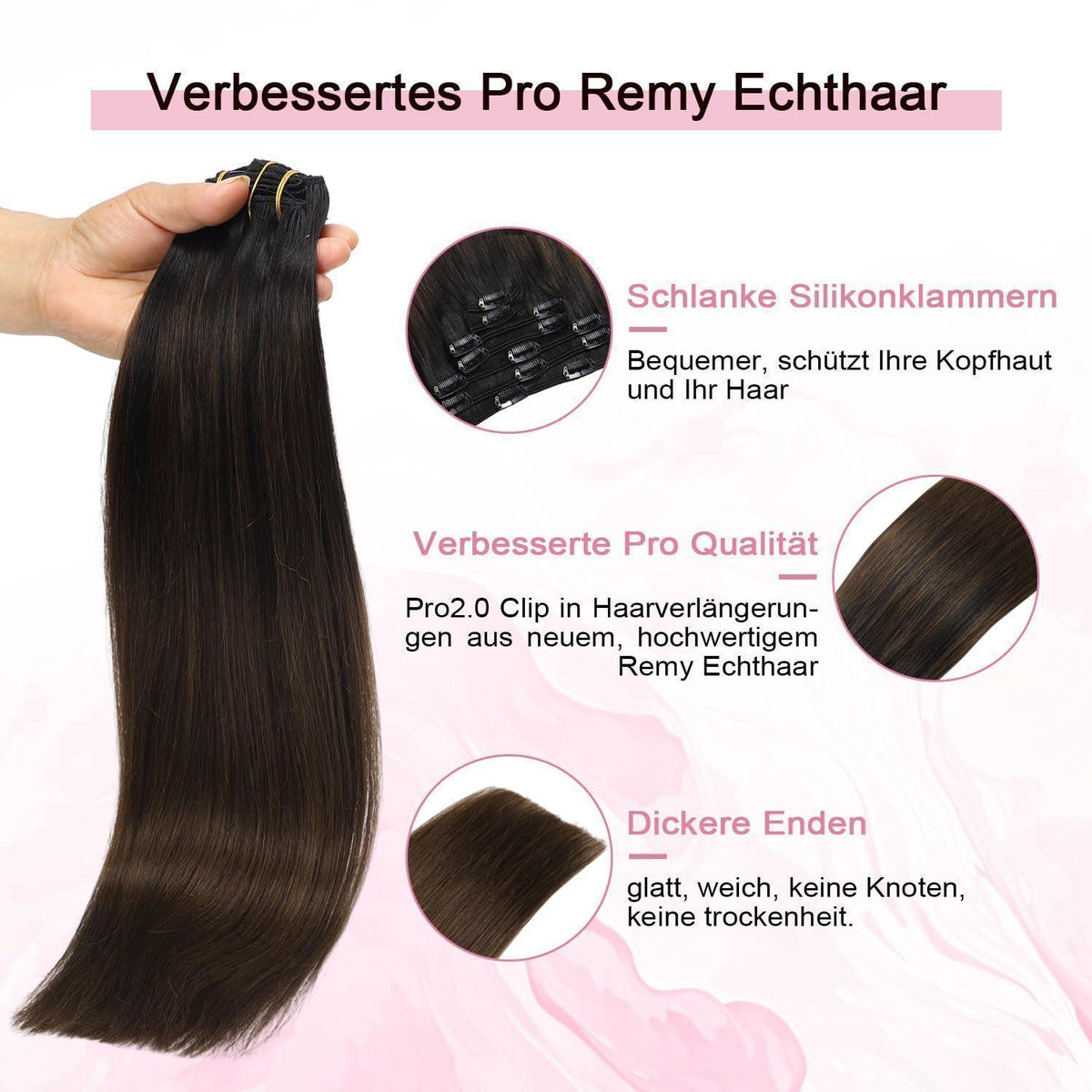 Clip-in Haarverlängerung Echthaar 55cm #1BT4 Schwarz Braun
