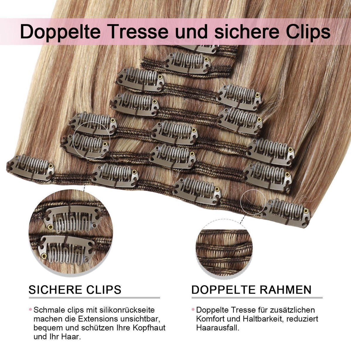 Clip-in Haarverlängerung Echthaar #10/16/16 Hellbraun mit Goldblond 35cm