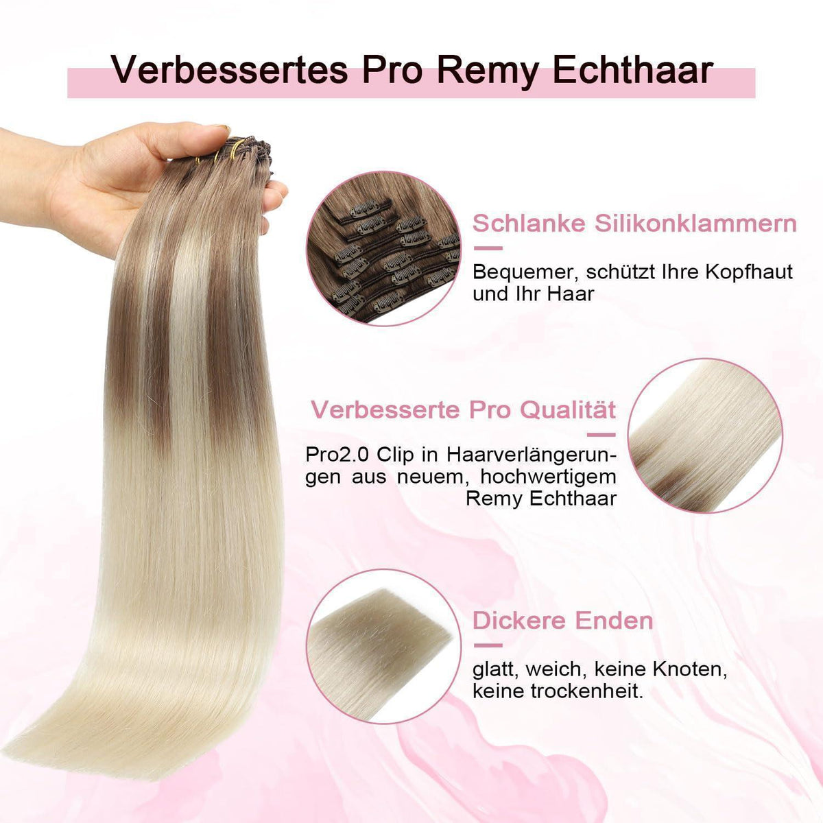 Clip-in Haarverlängerung Echthaar 50cm #8/60 Hellbraun-Blond