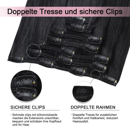 Clip-in Haarverlängerung Echthaar 50cm #1 Tief Schwarz