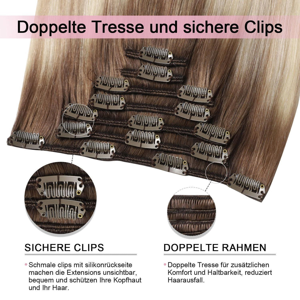 Remy Echthaar Clip-Ins Ombre Braun-Aschblond-Platinblond 40cm