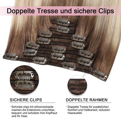 Remy Echthaar Clip-Ins Ombre Braun-Aschblond-Platinblond 40cm