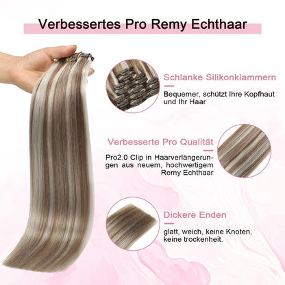 Echthaar Clip-in Extensions #8p60 Hellbraun Platinblond 45cm
