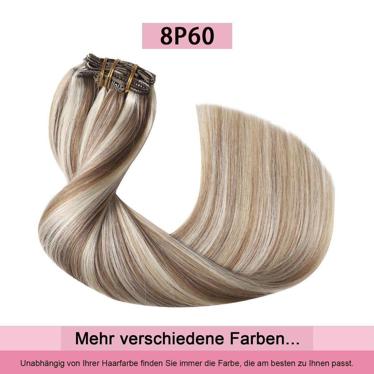 Echthaar Clip-in Extensions #8p60 Hellbraun Platinblond 45cm