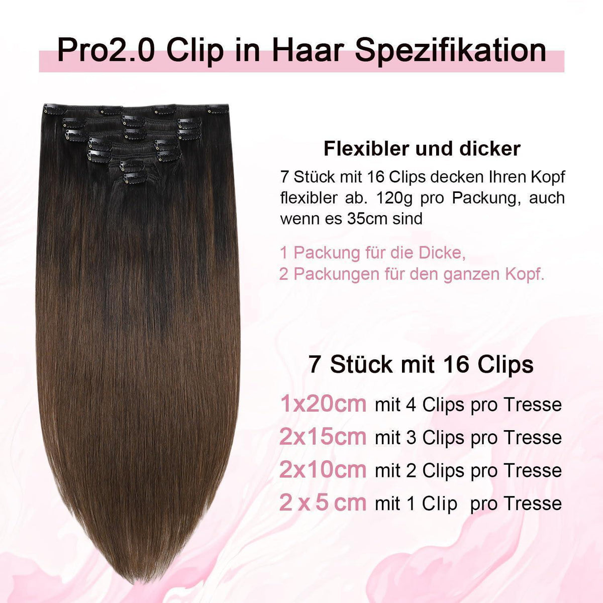 Remy Echthaar Clip-Ins #1BT4 – 40cm Natürliches Schwarzbraun