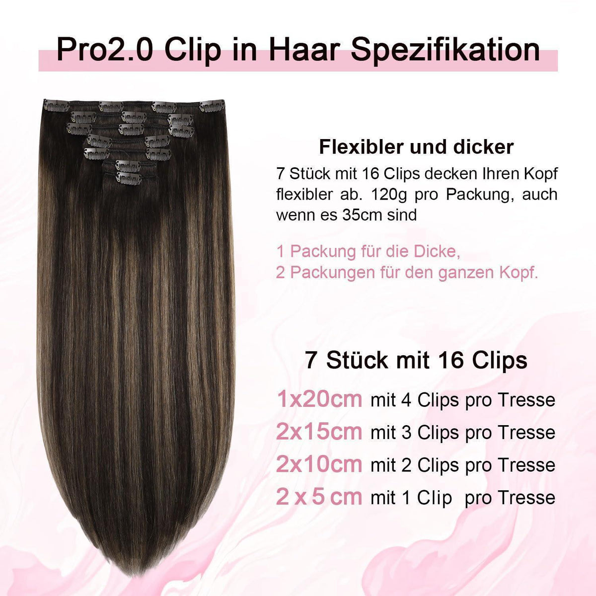 Clip-in Haarverlängerung Echthaar Dunkelbraun-Mittelbraun 55cm