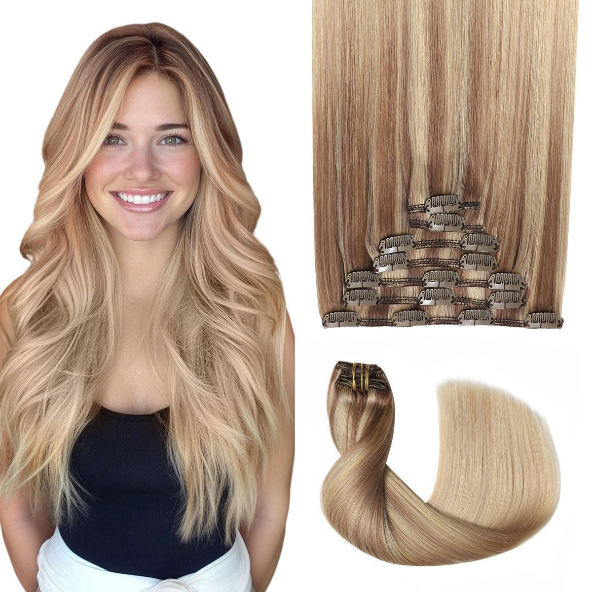 Remy Echthaar Clip-Ins #10/16/16 Hellbraun mit Goldblond, 40cm