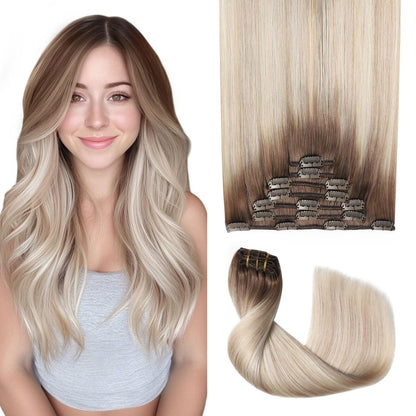 Echthaar Clip-in Extensions Ombre Braun-Blond 45cm
