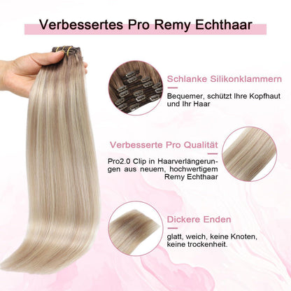 Echthaar Clip-in Extensions Ombre Braun-Blond 45cm
