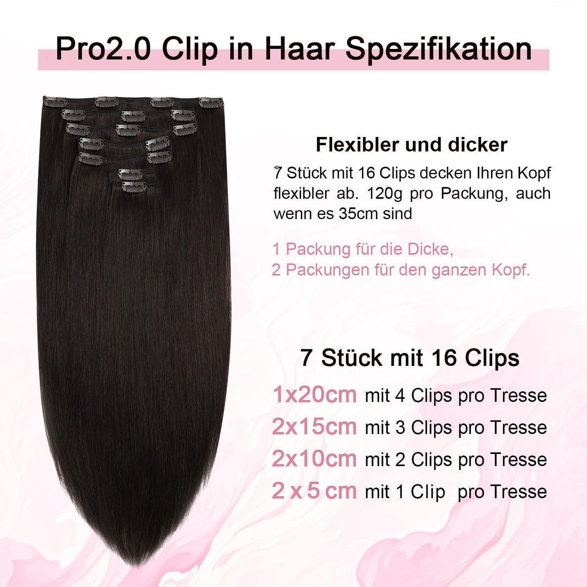 Clip-in Haarverlängerung Echthaar Dunkelbraun #2 – 50cm