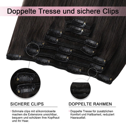 Clip-in Haarverlängerung Echthaar 50cm #1B Schwarz