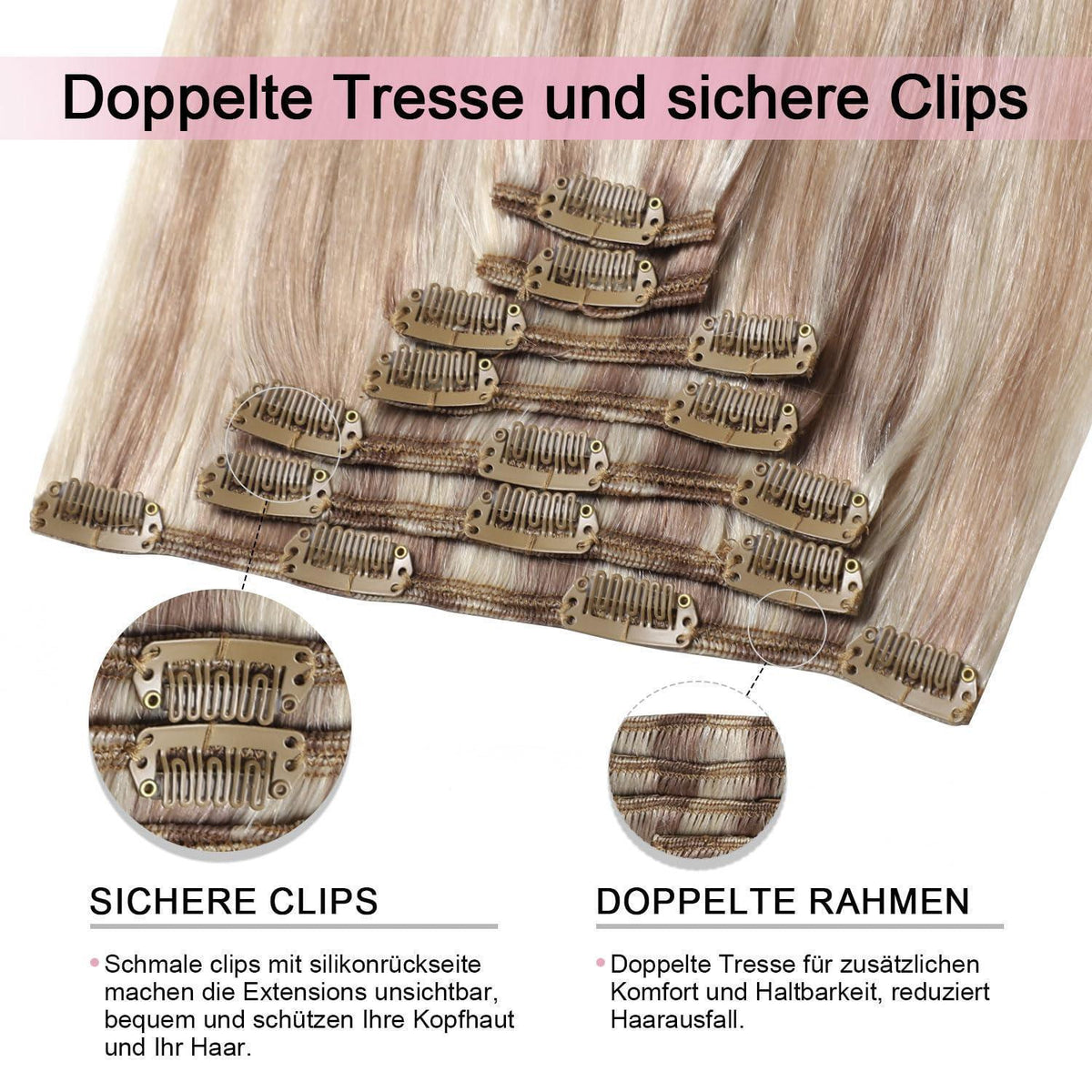 Clip-in Haarverlängerung Echthaar 50cm Aschblond bis Goldblond