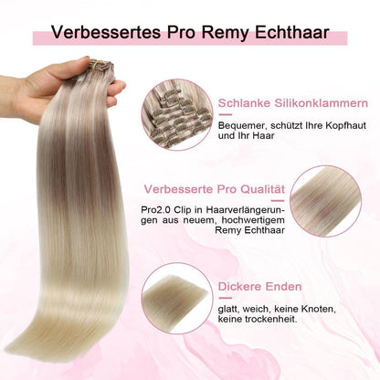 Clip-in Haarverlängerung Echthaar 50cm Aschblond bis Goldblond