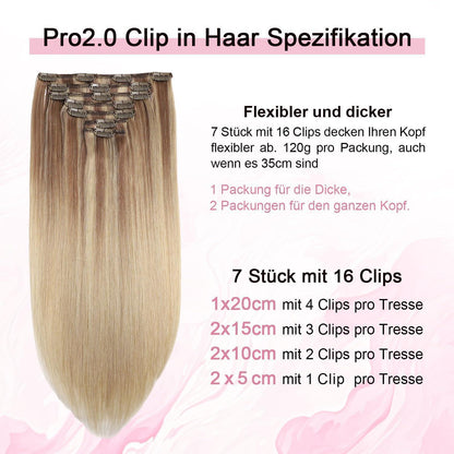 Clip-in Haarverlängerung Echthaar – Hellbraun mit Goldblond (55cm)