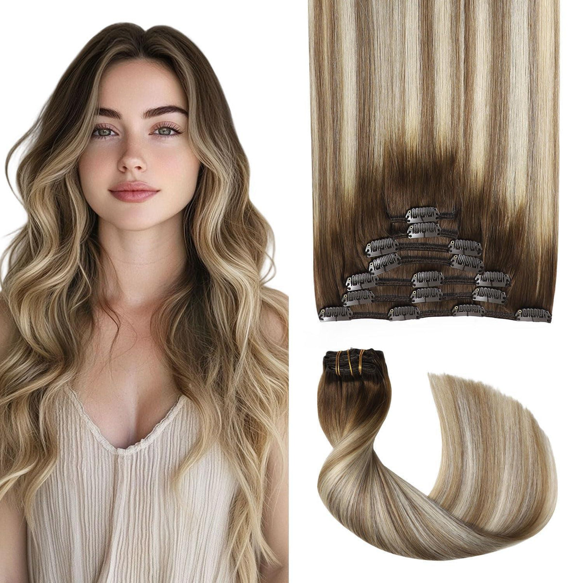 Remy Echthaar Clip-Ins #3/8/22 – Walnuss Braun bis Hellblond, 40cm