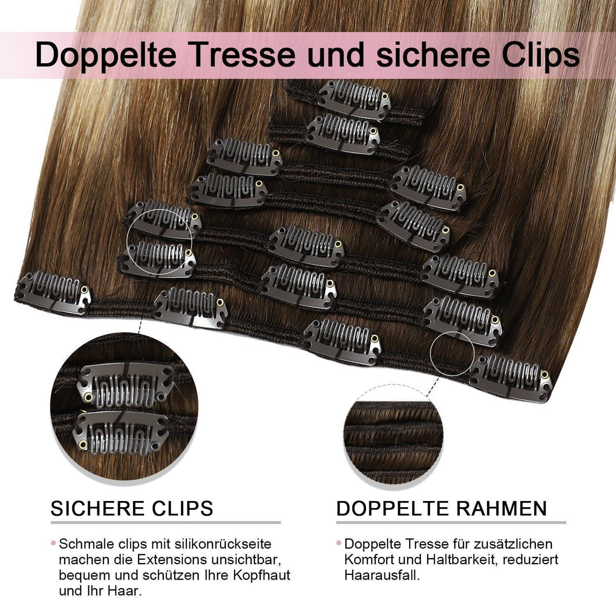 Remy Echthaar Clip-Ins #3/8/22 – Walnuss Braun bis Hellblond, 40cm