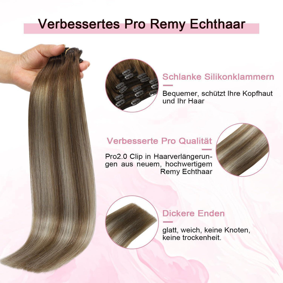 Remy Echthaar Clip-Ins #3/8/22 – Walnuss Braun bis Hellblond, 40cm