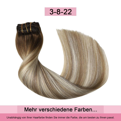 Remy Echthaar Clip-Ins #3/8/22 – Walnuss Braun bis Hellblond, 40cm