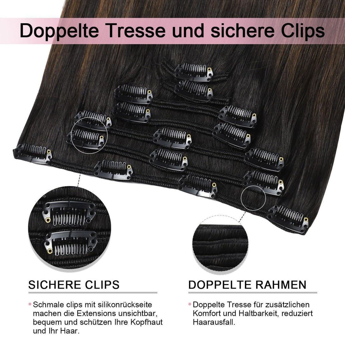 Clip-in Haarverlängerung Echthaar 50cm #1BT4 Natürlich Schwarz