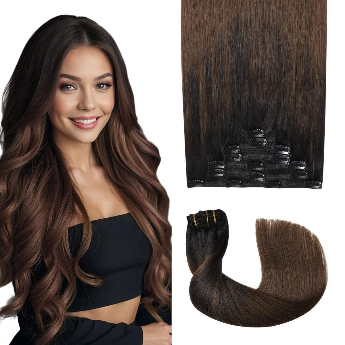 Remy Clip-in Haarverlängerung #1BT4 – 45cm Echthaar