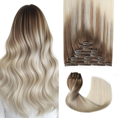 Remy Echthaar Clip-Ins #8/60 Hellbraun-Platinblond 40cm