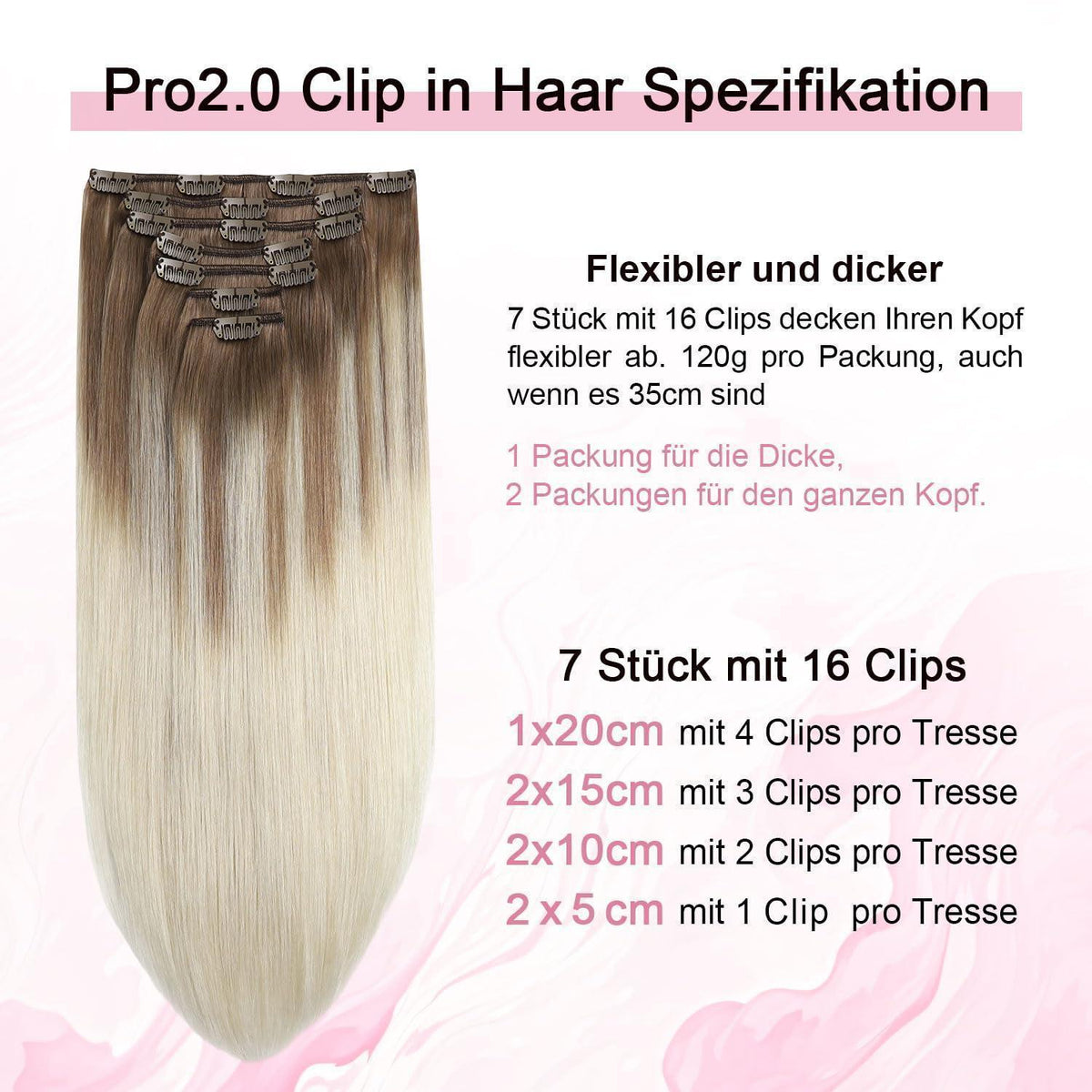 Remy Echthaar Clip-Ins #8/60 Hellbraun-Platinblond 40cm