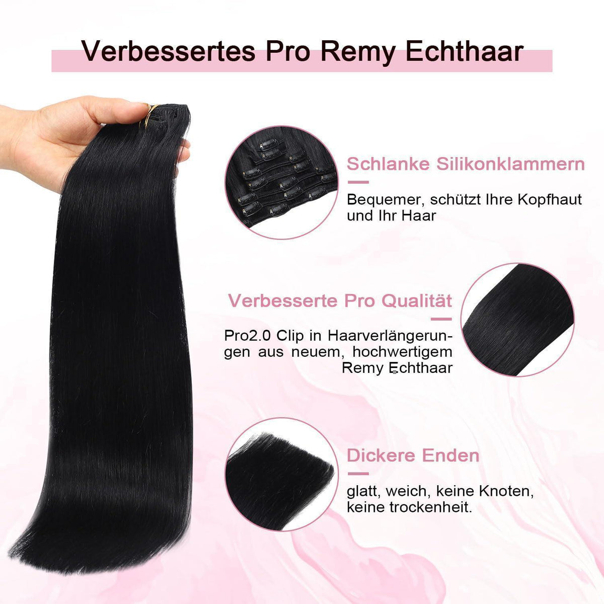 Clip-in Haarverlängerung Echthaar, 55cm, #1 Tief Schwarz