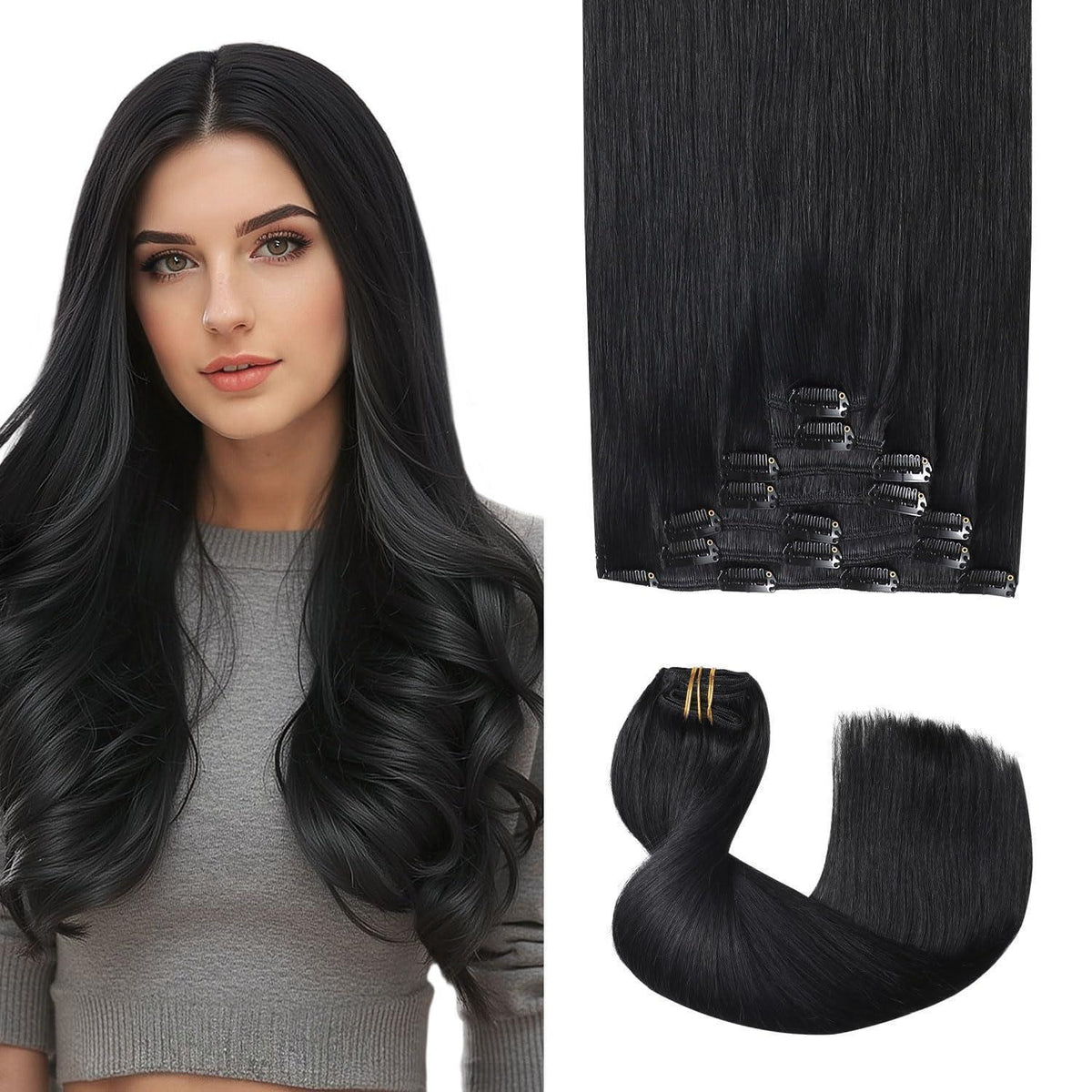 Clip-in Haarverlängerung Echthaar Schwarz 35cm (120g, 7 Stück)