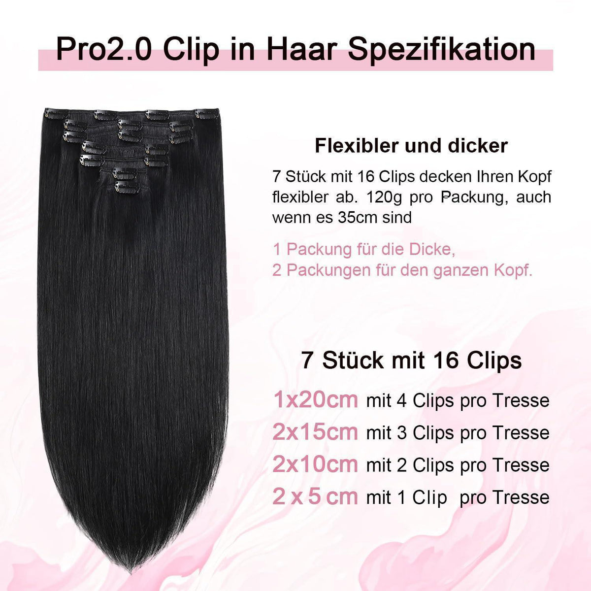 Clip-in Haarverlängerung Echthaar Schwarz 35cm (120g, 7 Stück)