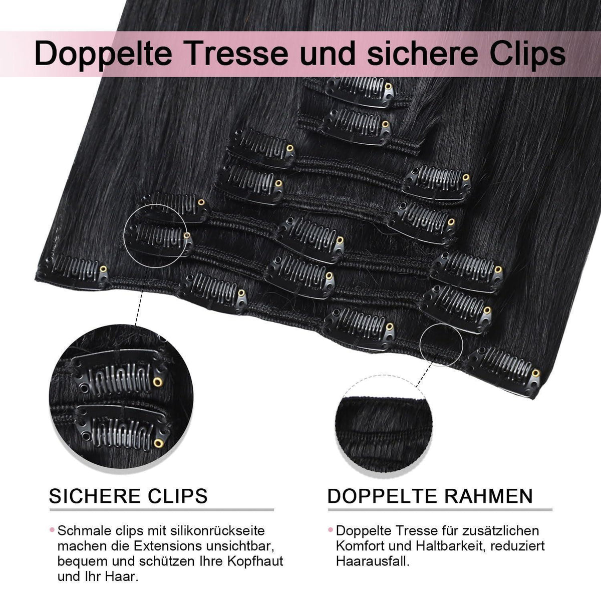 Clip-in Haarverlängerung Echthaar Schwarz 35cm (120g, 7 Stück)