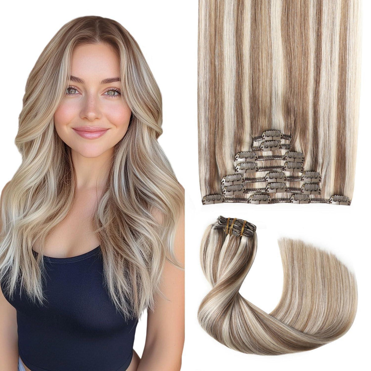 Remy Echthaar Clip-Ins #8p60 Hellbraun mit Platinblond, 40cm