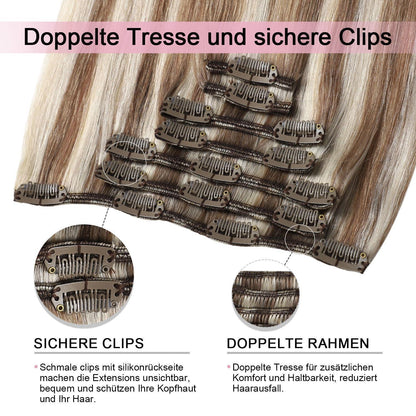 Remy Echthaar Clip-Ins #8p60 Hellbraun mit Platinblond, 40cm
