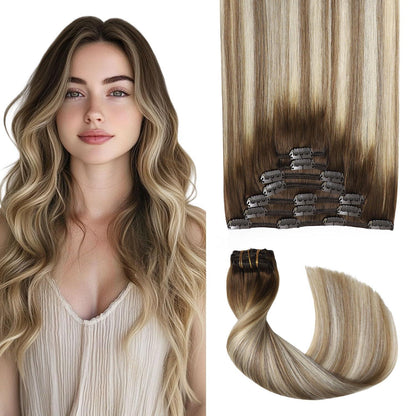 Clip-in Haarverlängerung Echthaar 35cm #3/8/22 Walnuss Braun