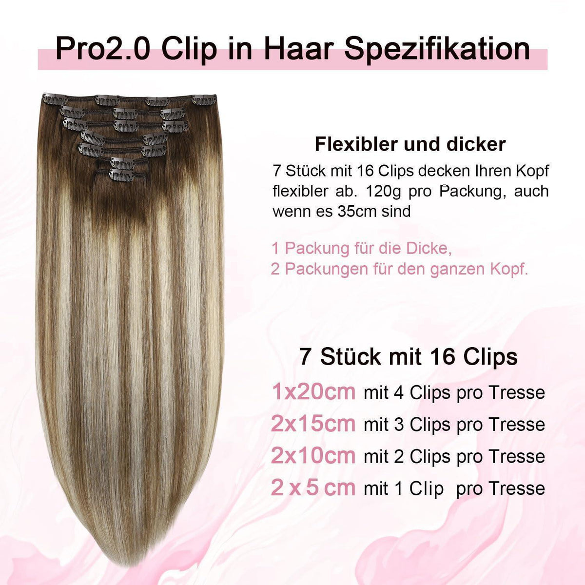 Clip-in Haarverlängerung Echthaar 35cm #3/8/22 Walnuss Braun