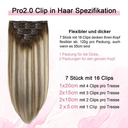 Clip-in Haarverlängerung Echthaar 35cm #3/8/22 Walnuss Braun