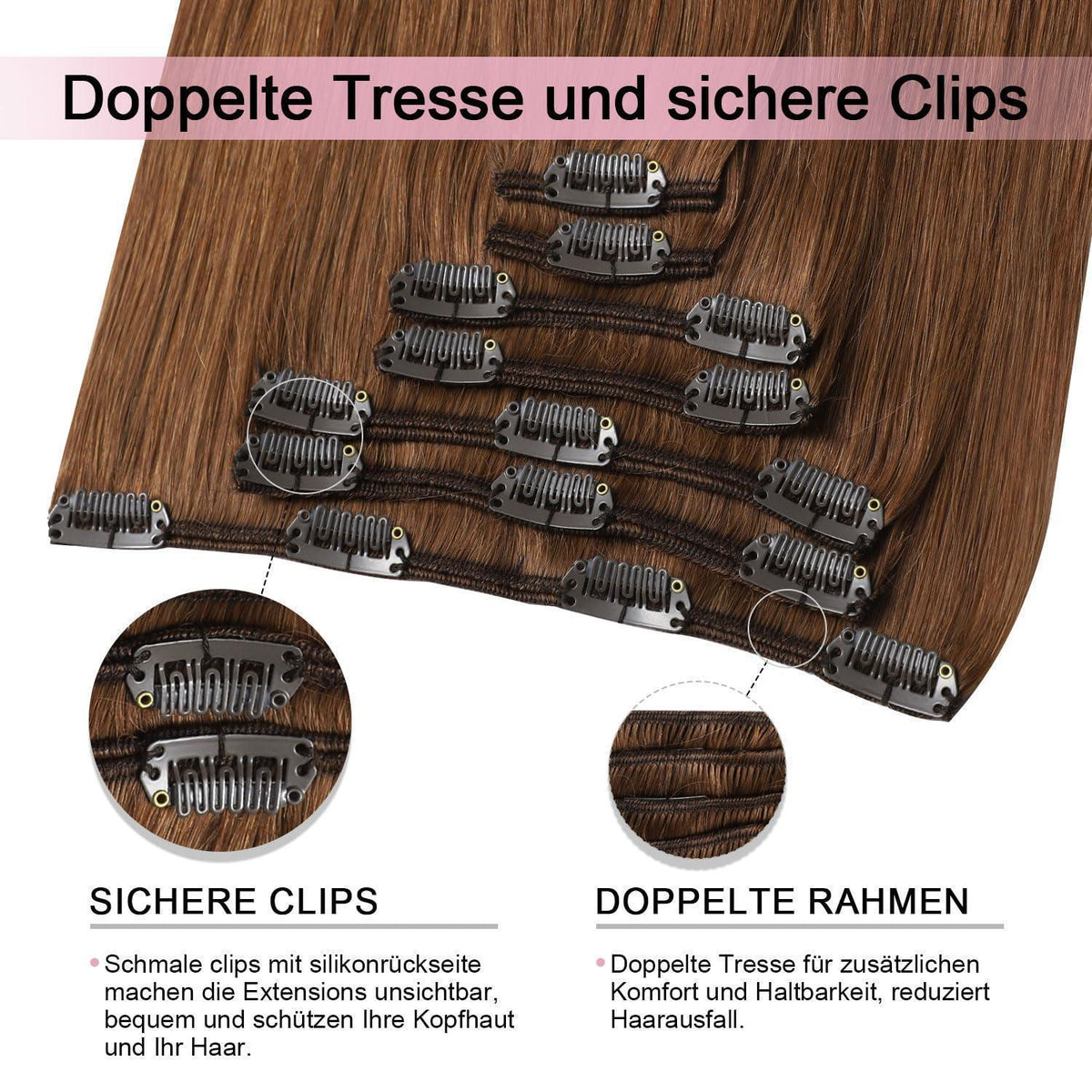 Clip-in Haarverlängerung Echthaar Rotbraun #33, 35cm