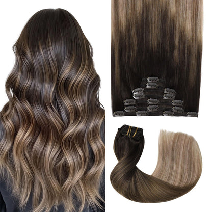 Clip-in Haarverlängerung Echthaar Dunkelbraun bis Blond 35cm