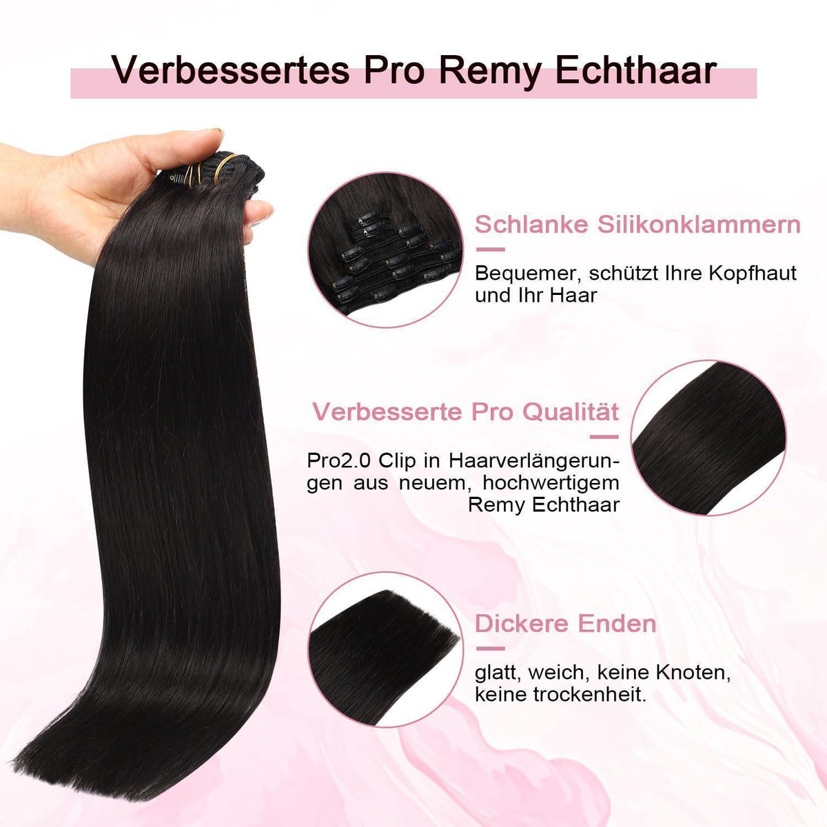 Clip-in Haarverlängerung Echthaar 120g #1B Schwarz 35cm