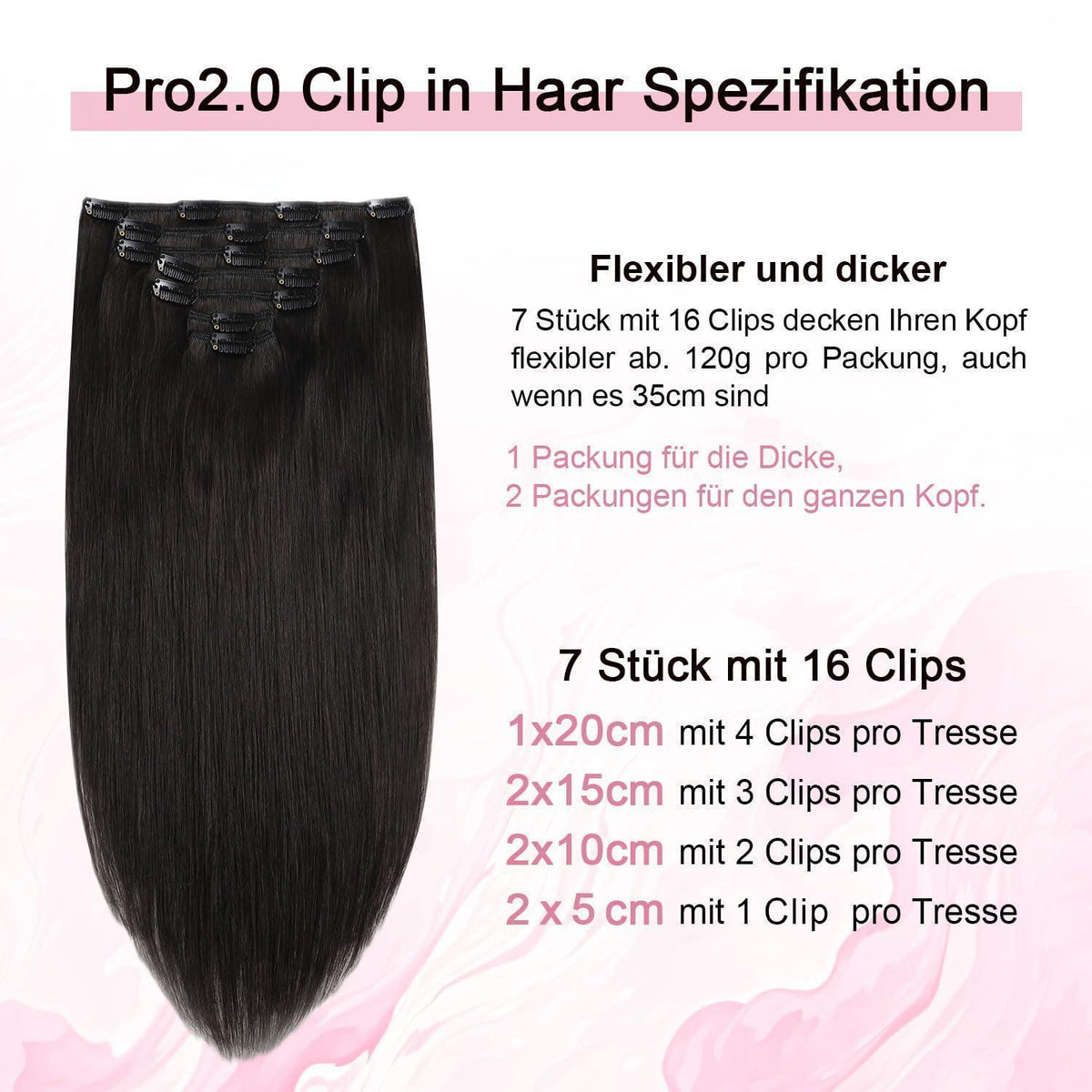 Clip-in Haarverlängerung Echthaar #1B Schwarz 45cm 120g
