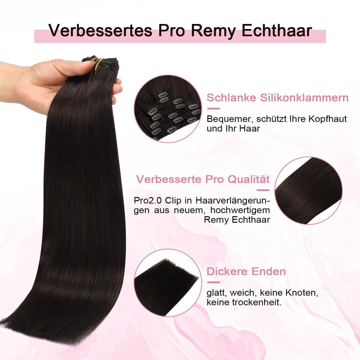 Clip-in Haarverlängerung Echthaar Dunkelbraun #2 – 35cm