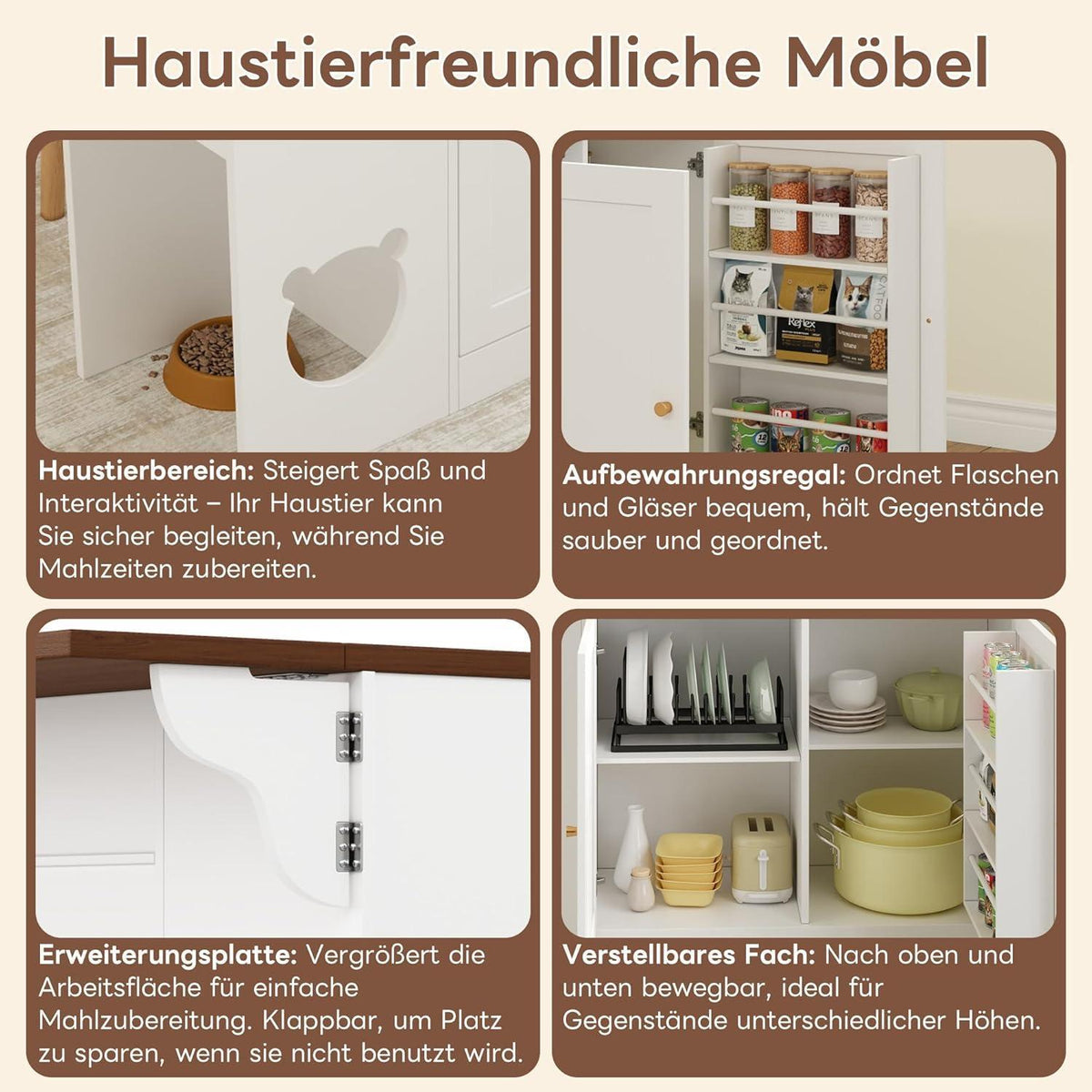 Kücheninsel mit klappbarer Arbeitsplatte & Haustierbereich, Weiß/Walnuss