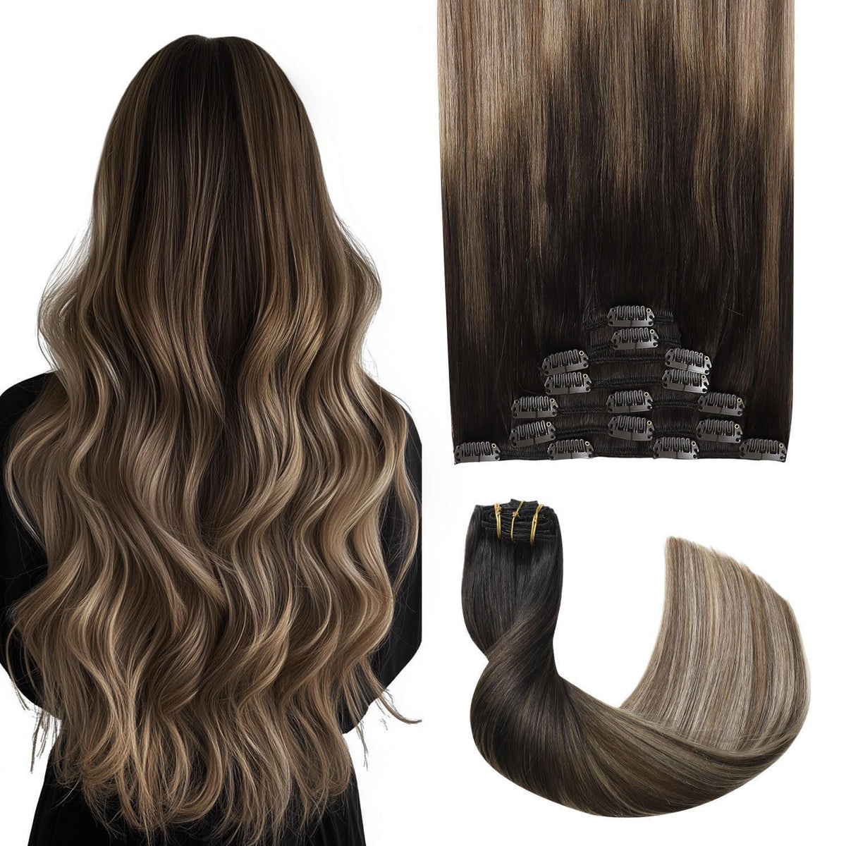Remy Echthaar Clip-Ins #1B/4/27 Balayage 40cm