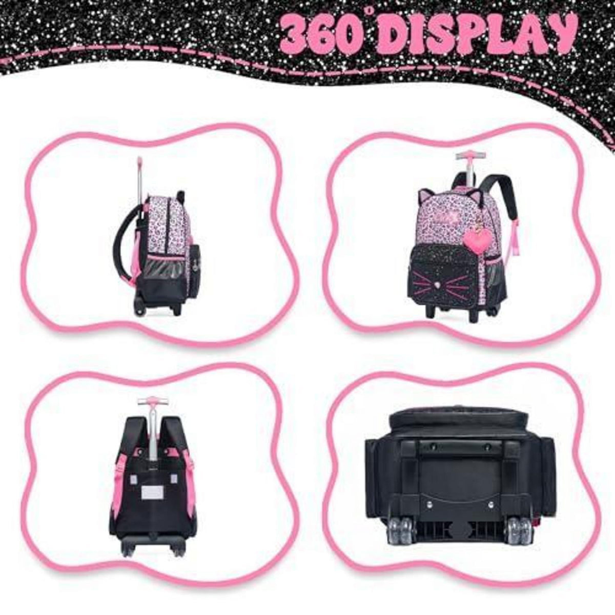 Kinder Rucksack mit Rollen & Trolley Set Rosa Katzen Design