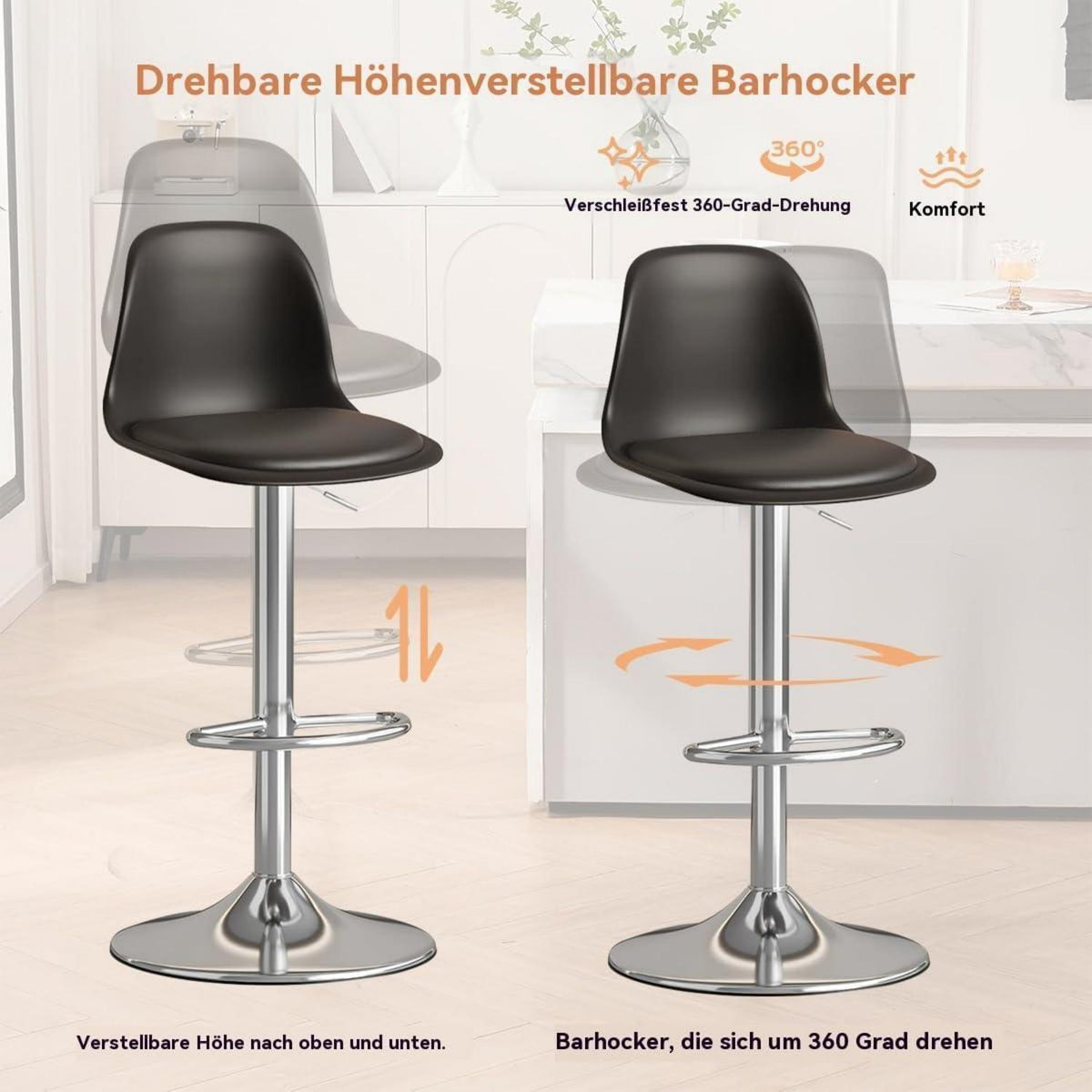 Modernes Barhocker-Set (2x Schwarz) – Höhenverstellbar & Drehbar