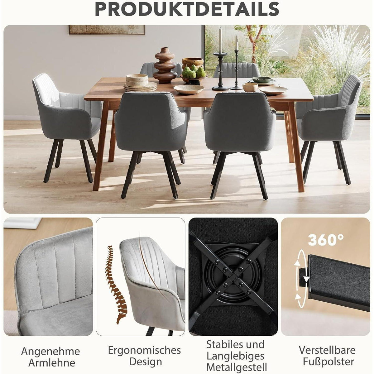Drehbarer Esszimmerstuhl Set, Samt, Hellgrau, 4er Set